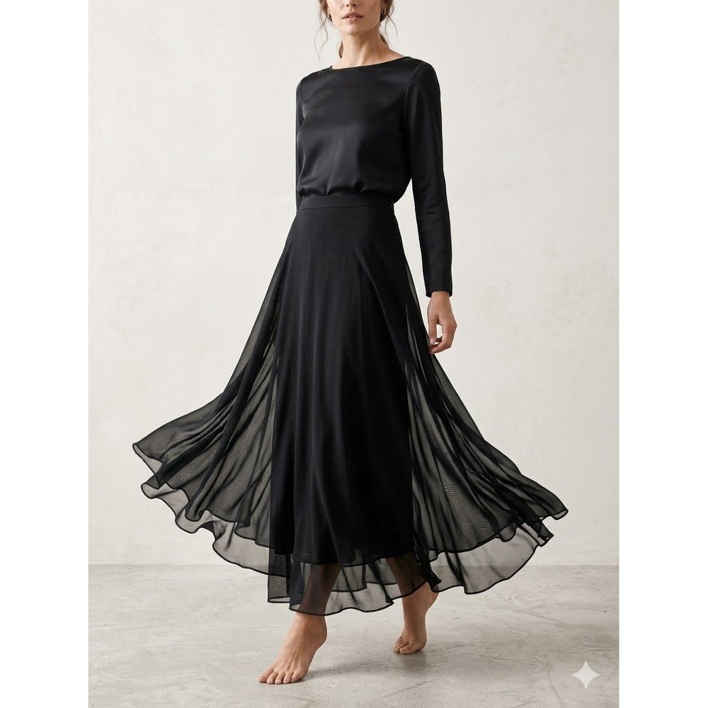 Tadashi Shoji Black Sheer Mesh Overlay Maxi Skirt sz 14
